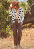 Black Cow Print Women's Cow Print Faux Suede Shacket — Cropped Button Down Jacket with Pockets & Full Lining