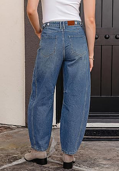 Vintage Blue Women's Trendy Barrel Jeans — High Waisted Baggy Wide Leg Denim Pants with Cinched Waist, Front Seam & Ankle Length