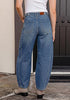 Vintage Blue Women's Trendy Barrel Jeans — High Waisted Baggy Wide Leg Denim Pants with Cinched Waist, Front Seam & Ankle Length