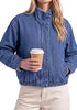 Classic Blue Women's Funnel Neck Denim Jacket — Oversized Zip Up Jean Jacket with Drop Shoulder, Elastic Hem & Side Slant Pockets