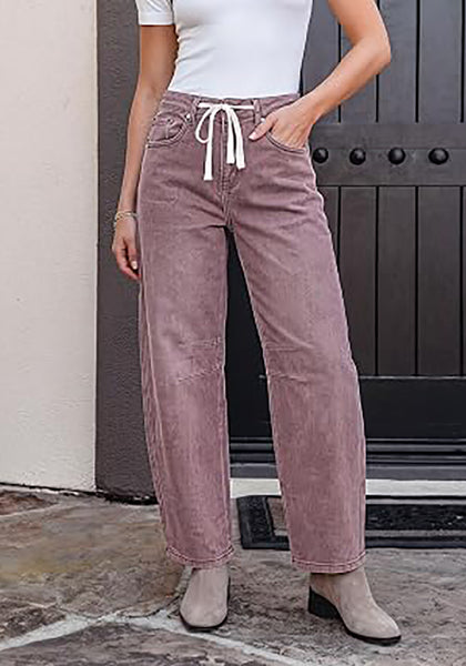 Pecan Brown Barrel Jeans for Women High Waisted Baggy Drawstring Wide Leg Denim Pants Stretchy Ankle Length 27.5 Inseam Casual Trendy