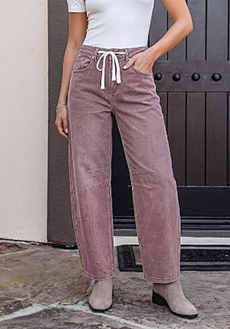 Pecan Brown Barrel Jeans for Women High Waisted Baggy Drawstring Wide Leg Denim Pants Stretchy Ankle Length 27.5 Inseam Casual Trendy