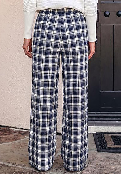 GRAPENT Women's High Waisted Wide Leg Plaid Pants | Tartan Pattern, Elastic Waist Drawstring, Pockets, Relaxed Fit, Casual Daily Fall Outfits