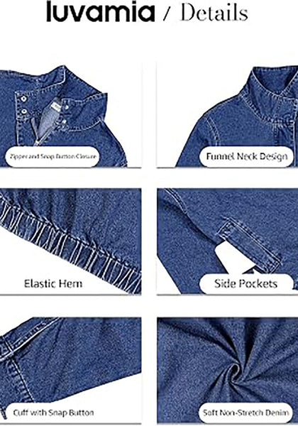 Classic Blue Women's Funnel Neck Denim Jacket — Oversized Zip Up Jean Jacket with Drop Shoulder, Elastic Hem & Side Slant Pockets