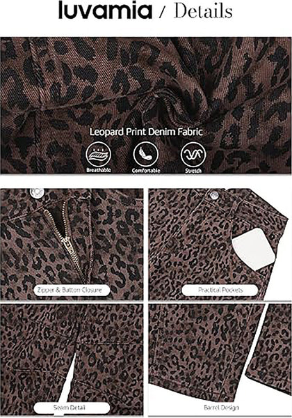 Dark Brown Cheetah Women's Trendy Leopard Barrel Jeans — High Waisted Baggy Wide Leg Stretchy Denim Pants with Front Seam & Ankle Length
