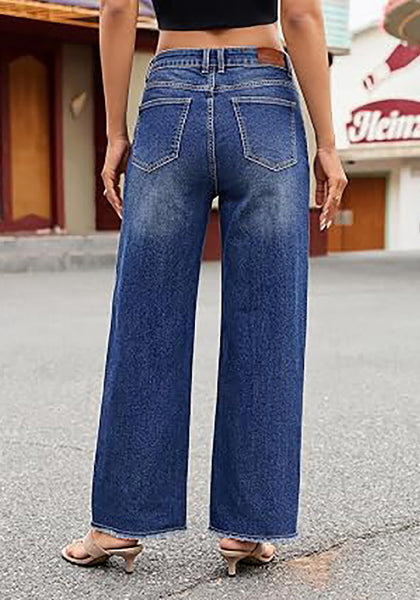 Darkness Blue Women's High Waisted Wide Leg Jeans by luvamia — Stretchy 90s Baggy Straight Denim, Raw Hem, Button Front, 29.5" Inseam, Casual Western Work Pants