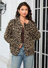 Khaki Leopard Women's Leopard Print Bomber Jacket — Oversized Brushed Wool Blend Cheetah Jacket with Stand Collar, Snap Buttons & Elastic Hem
