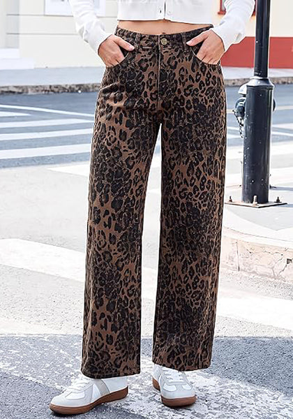 GRAPENT Women's High Waist Wide Leg Leopard Jeans | Stretchy Denim, Baggy Loose Fit, 29.5" Inseam, Cheetah Print, Western Chic Outfits
