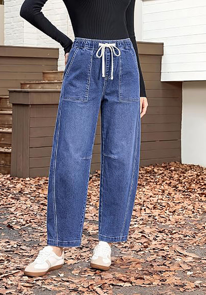 GRAPENT Women's High Waisted Baggy Barrel Jeans | Stretchy Denim, Elastic Drawstring Waist, Pull On, 27.5" Inseam, Ankle Length, Dressy Casual Outfits