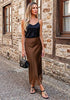 Brown Women's Satin Maxi Skirt — Silky Bias Cut Long Slip Skirt with Easy Pull On Elastic Waistband & Lace Trim Hem