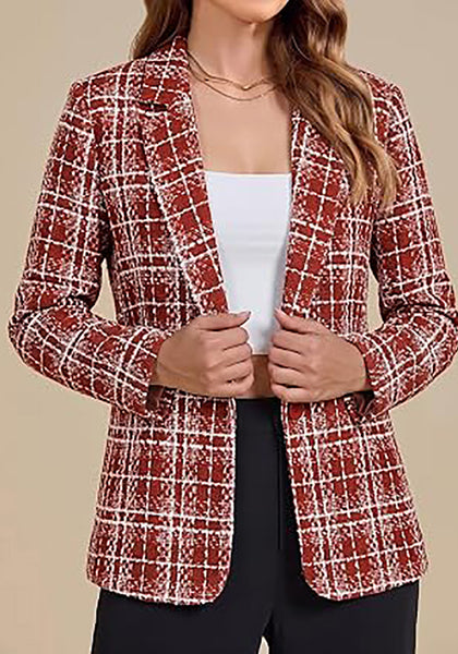 Black & Wine Red Women's Plaid Tweed Work Blazer | Long Sleeve Notched Lapel Jacket, Fully Lined, Shoulder Pads, Single Button, 2 Pockets – Office, Interview, Business Casual