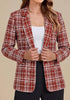 GRAPENT Women's Tweed Plaid Blazer | Notched Lapel, Fully Lined, Shoulder Pads, Single Button, 2 Pockets, Interview Office Business Casual