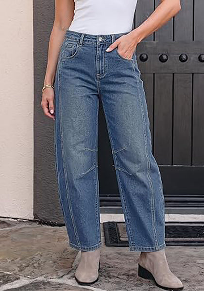 Vintage Blue Women's Trendy Barrel Jeans — High Waisted Baggy Wide Leg Denim Pants with Cinched Waist, Front Seam & Ankle Length