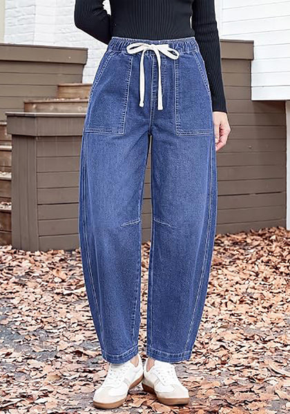 GRAPENT Women's High Waisted Baggy Barrel Jeans | Stretchy Denim, Elastic Drawstring Waist, Pull On, 27.5" Inseam, Ankle Length, Dressy Casual Outfits