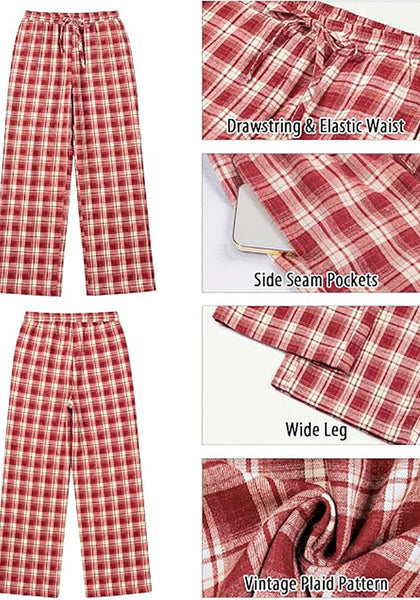GRAPENT Women's High Waisted Wide Leg Plaid Pants | Tartan Pattern, Elastic Waist Drawstring, Pockets, Relaxed Fit, Casual Daily Fall Outfits
