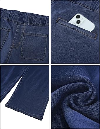 Dark Blue Women's Cropped Denim High Waisted Jeans Stretch Wide Leg