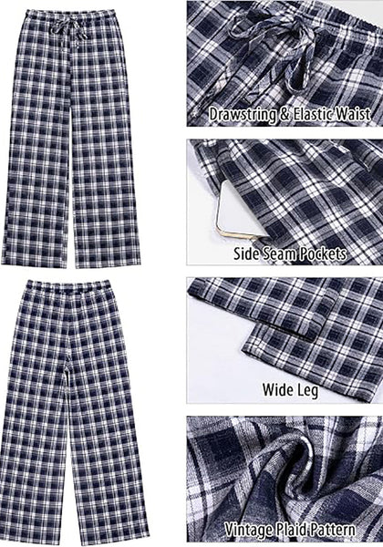 GRAPENT Women's High Waisted Wide Leg Plaid Pants | Tartan Pattern, Elastic Waist Drawstring, Pockets, Relaxed Fit, Casual Daily Fall Outfits