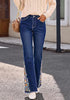 Darkness Blue Women's Floral Embroidery Flare Jeans — High Waisted Stretchy Bootcut Denim with Raw Frayed Hem & Retro Distressed Wash
