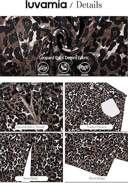 Bleached Sand Leopard Women's Trendy Leopard Barrel Jeans — High Waisted Baggy Wide Leg Stretchy Denim Pants with Front Seam & Ankle Length