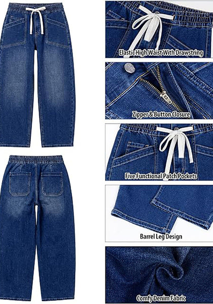 GRAPENT Women's High Waisted Barrel Jeans | Stretchy Denim, Elastic Drawstring Waist, 27.5" Inseam, Front Patch Pockets, Dressy Casual Outfits