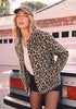 Sand Leopard Women's Leopard Print Bomber Jacket — Oversized Brushed Wool Blend Cheetah Jacket with Stand Collar, Snap Buttons & Elastic Hem