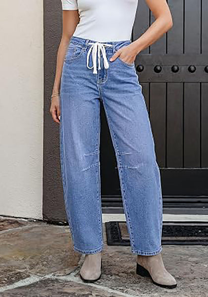 Medium Blue Barrel Jeans for Women High Waisted Baggy Drawstring Wide Leg Denim Pants Stretchy Ankle Length 27.5 Inseam Casual Trendy