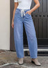 Medium Blue Barrel Jeans for Women High Waisted Baggy Drawstring Wide Leg Denim Pants Stretchy Ankle Length 27.5 Inseam Casual Trendy
