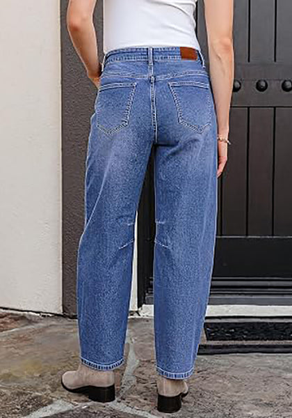 Classic Blue Barrel Jeans for Women High Waisted Baggy Drawstring Wide Leg Denim Pants Stretchy Ankle Length 27.5 Inseam Casual Trendy