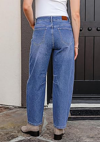 Classic Blue Barrel Jeans for Women High Waisted Baggy Drawstring Wide Leg Denim Pants Stretchy Ankle Length 27.5 Inseam Casual Trendy
