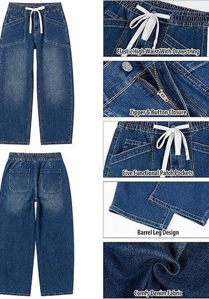 GRAPENT Women's High Waisted Barrel Jeans | Stretchy Denim, Elastic Drawstring Waist, 27.5" Inseam, Front Patch Pockets, Dressy Casual Outfits