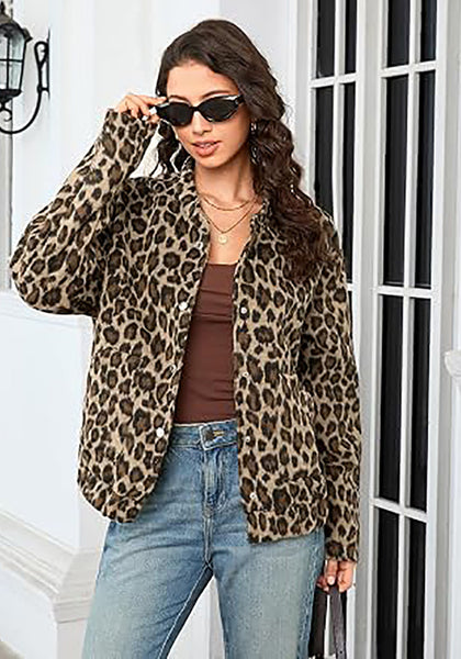 Khaki Leopard Women's Leopard Print Bomber Jacket — Oversized Brushed Wool Blend Cheetah Jacket with Stand Collar, Snap Buttons & Elastic Hem