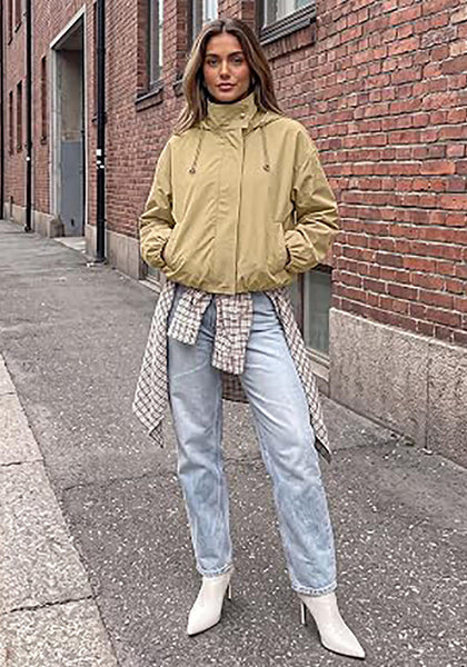 Khaki Women's Trendy Funnel Neck Bomber Jacket — Oversized Cropped Zip Up Hooded Jacket with Stand Collar & Elastic Cuff Hem