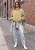 Khaki Women's Trendy Funnel Neck Bomber Jacket — Oversized Cropped Zip Up Hooded Jacket with Stand Collar & Elastic Cuff Hem