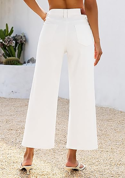LookbookStore Cream White Women's High Waisted Wide Leg Cropped Denim Jeans with Structured Utility Pockets Stylish Chic Daily Wear Staple