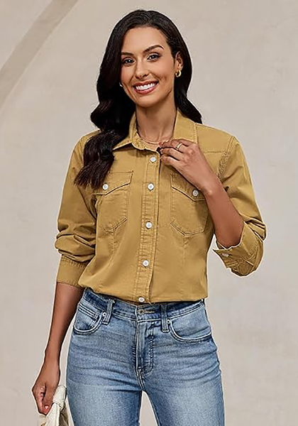 LookbookStore Women's Almond Brown Long Sleeve Button Down Denim Shirt Relaxed Fit Chambray Western Style Casual Collared Jean Top