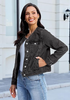 LookbookStore Women Washed Black Denim Jacket Crew Neck Button Front Utility Pockets Relaxed Fit Casual Daily Wear Staple