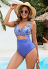 LookbookStore Women's Ultramarine Blue Floral V Neck Block One Piece Swimsuit with Cut Out & Ruched High Waist