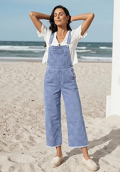 LookbookStore Women's Floral Powder Blue Embroidered Denim Overalls, Loose Fit Wide Leg Capri Bib Overall, Stretchy Raw Hem Summer Jean Jumpsuit