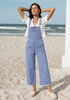 LookbookStore Women's Floral Powder Blue Embroidered Denim Overalls, Loose Fit Wide Leg Capri Bib Overall, Stretchy Raw Hem Summer Jean Jumpsuit