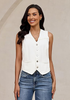LookbookStore Women Cream White  Casual Sleeveless Denim Vest Button Down Braided Adjustable Waist Western Jean Waistcoat