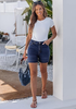 LookbookStore Women's Darkness Blue High Waist Stretchy Denim Shorts, 5 Inch Inseam Trendy Summer Casual Jean Jorts with Pockets