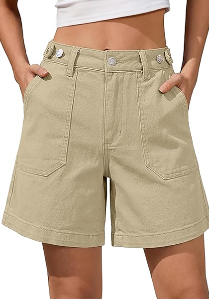 LookbookStore Women's Khaki High Waisted Wide Leg Cinch Waist Stretchy Denim Shorts Casual Summer Mid Thigh Jorts