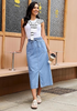 LookbookStore Women Lakeside Blue High Waist Jean Midi Skirt Elastic Drawstring Denim Long Skirt with Pockets Front Split Design