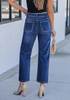 LookbookStore Darkness Blue Women High Waisted Rhinestone Embellished Wide Leg Cropped Denim Jeans Casual Wear Staple