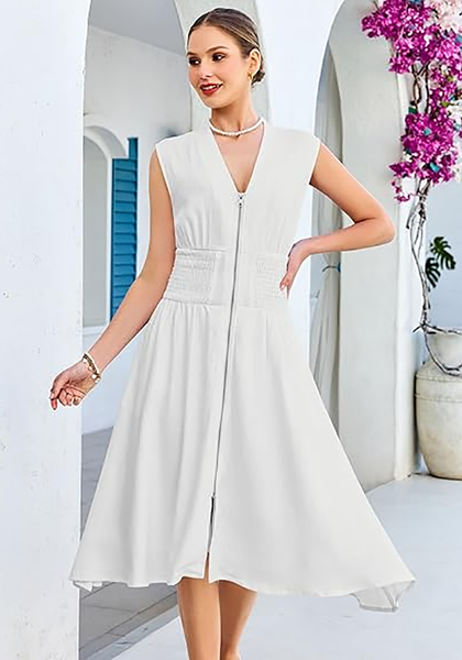 LookbookStore Women's White Summer Beach Vacation Linen Dress Casual Flowy V Neck Sleeveless Smocked Zip Midi Dress with Pockets