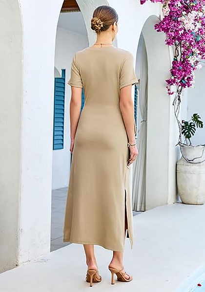 LookbookStore Women's Beige Summer Casual Long Tshirt Dress Short Sleeve Self Tie Side Split Beach Vacation Dress 2026