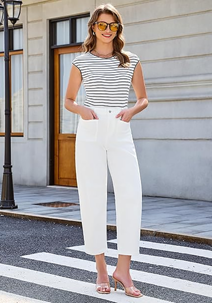 LookbookStore Cream White Barrel Jeans for Women Chic Retro High Waist Loose Cropped Denim Pants with Utility Patch Pockets