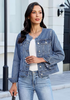 LookbookStore Women Medium Blue Denim Jacket Crew Neck Button Front Utility Pockets Relaxed Fit Casual Daily Wear Staple
