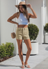 LookbookStore Khaki Women's High Waisted Stretch Denim Shorts with Patch Pockets Rolled Cuff Casual Summer Staple