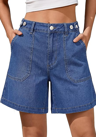 LookbookStore Women's Classic Blue High Waisted Wide Leg Cinch Waist Stretchy Denim Shorts Casual Summer Mid Thigh Jorts